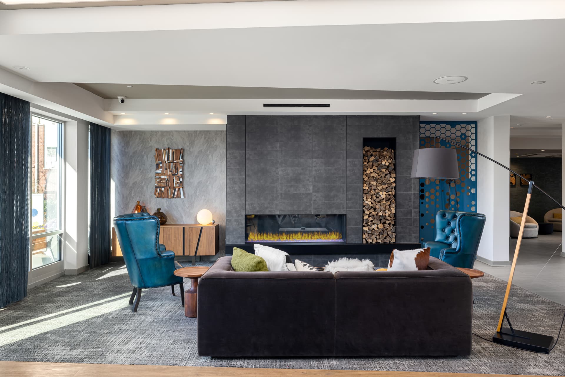 Corporate lounge with a fireplace