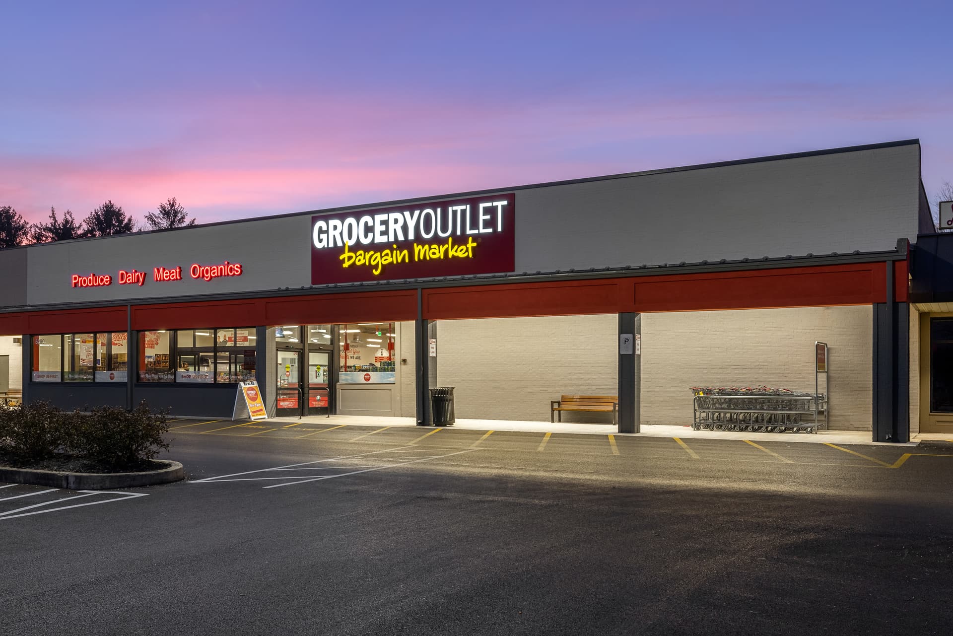 Retail storefront at dusk