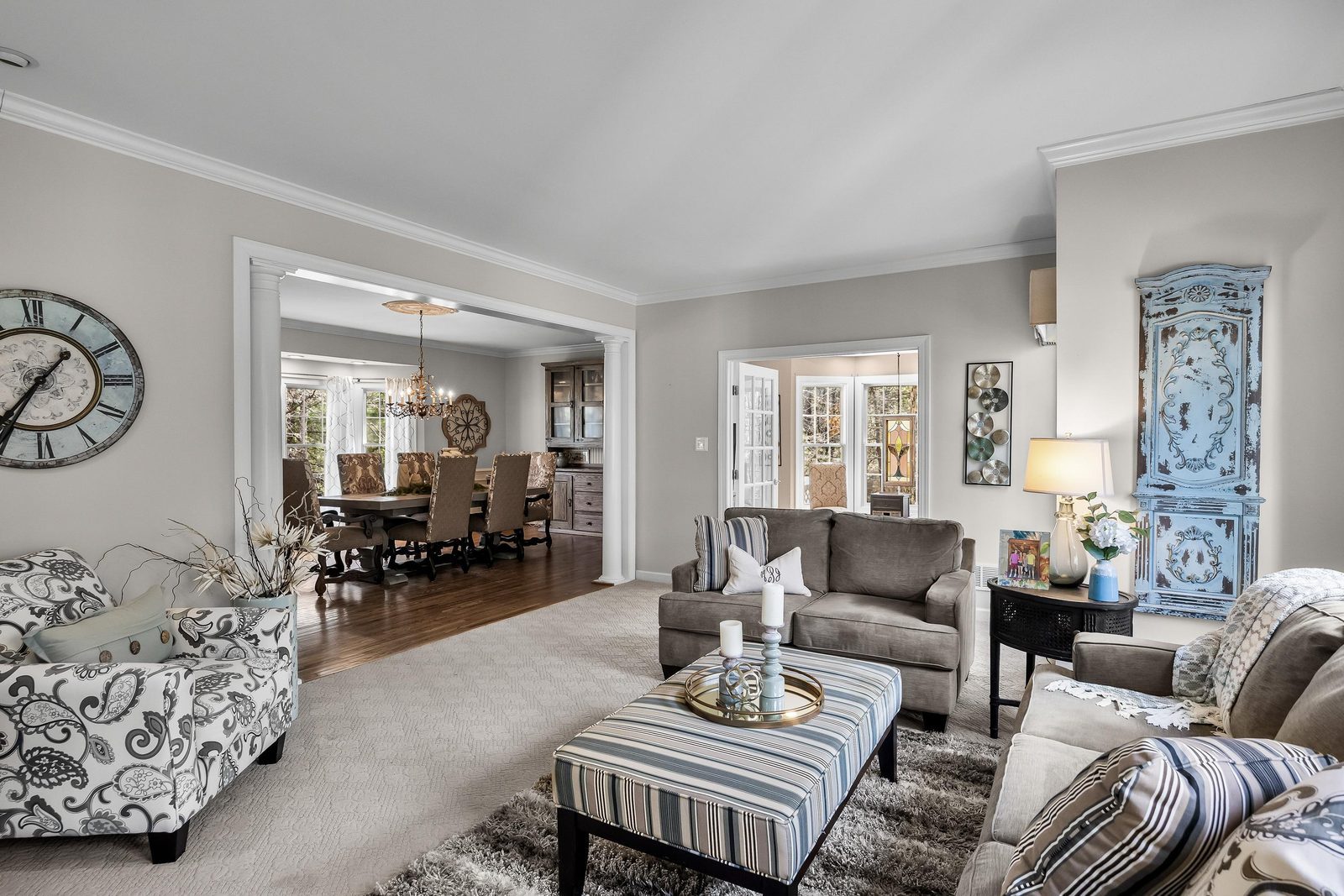 Open-concept living room flowing to the dining area in Medford, NJ